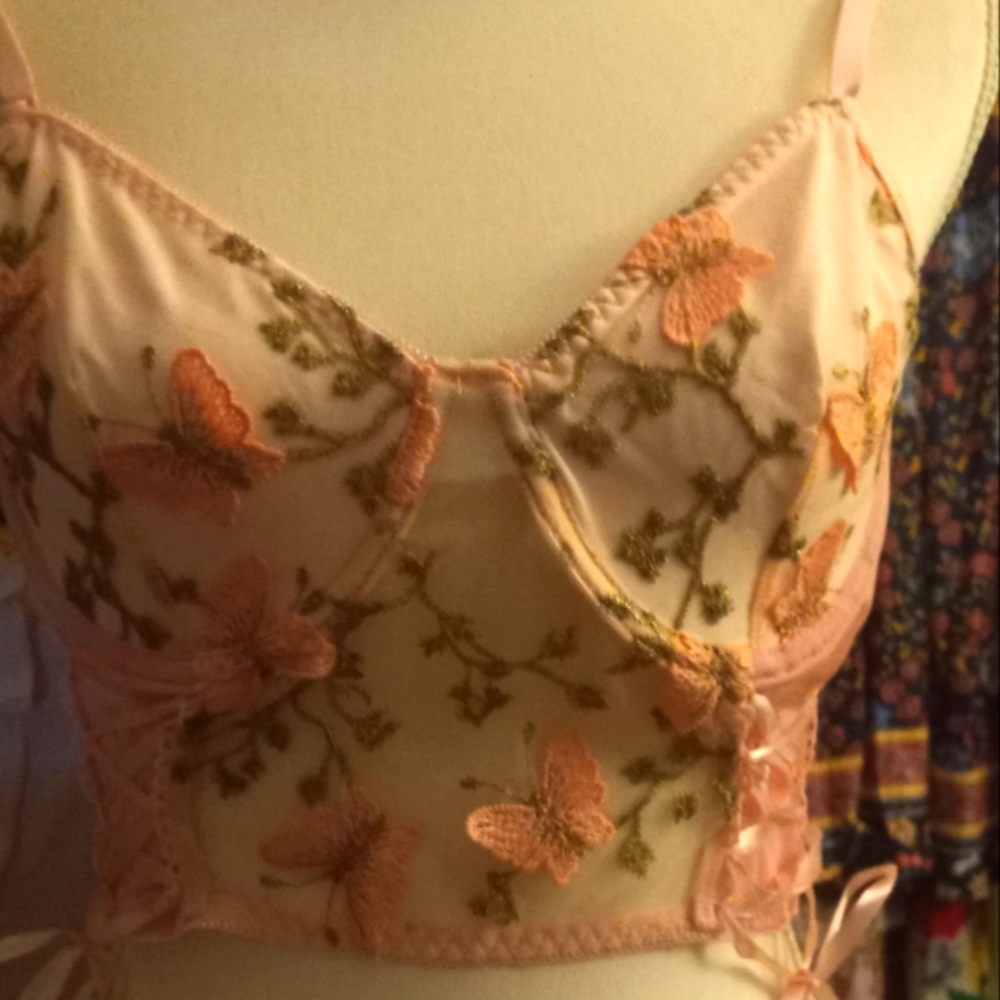 New,floral embroidered butterflys mesh front underwire bralette corset size med.